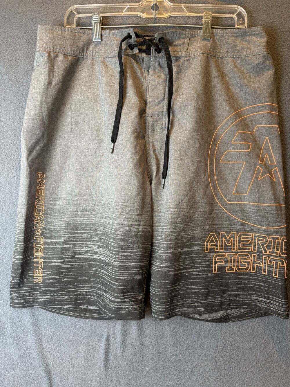 American Fighter Mens Size 34 Light Grey / Orange Drawstring Board Shorts Logo
